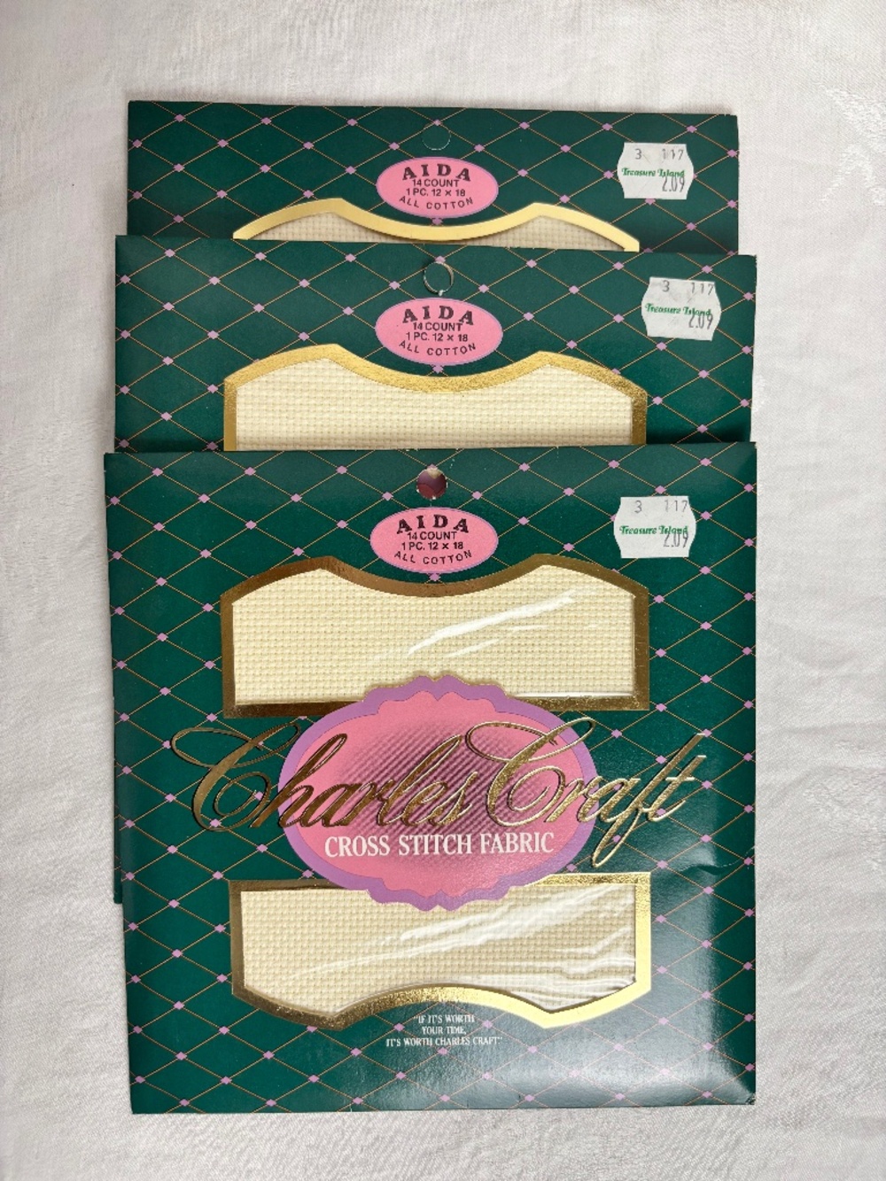 Vintage NIP Charles Craft 14 Count Aida Cross Stitch Fabric Ivory/Set of 3